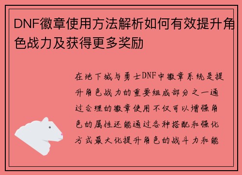 DNF徽章使用方法解析如何有效提升角色战力及获得更多奖励