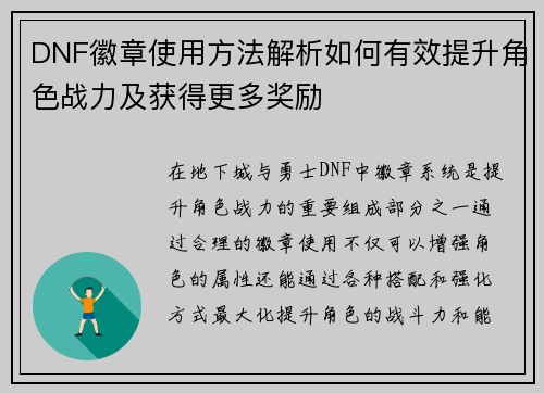DNF徽章使用方法解析如何有效提升角色战力及获得更多奖励