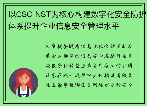 以CSO NST为核心构建数字化安全防护体系提升企业信息安全管理水平